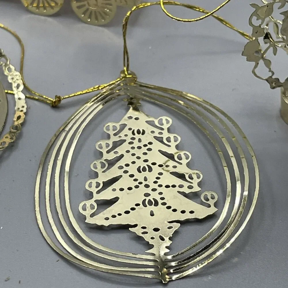 11 Gold Metal Filigree Christmas Ornaments Santa Sleigh Train Tree Snowflake